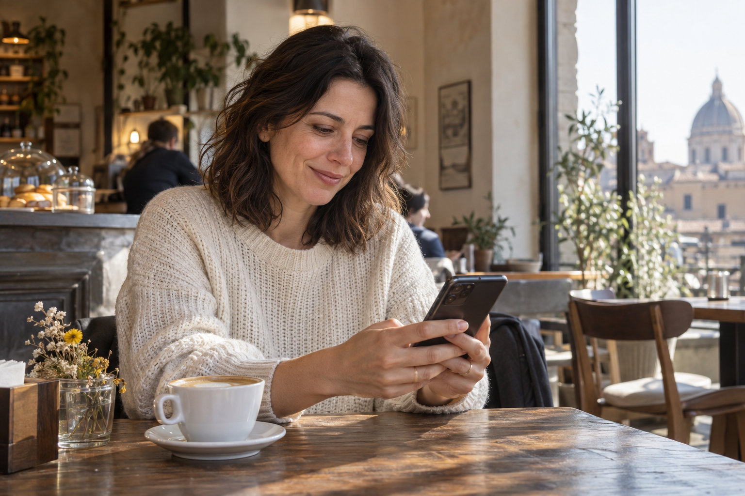 Donna adulta che legge un messaggio sul telefono in un caffè