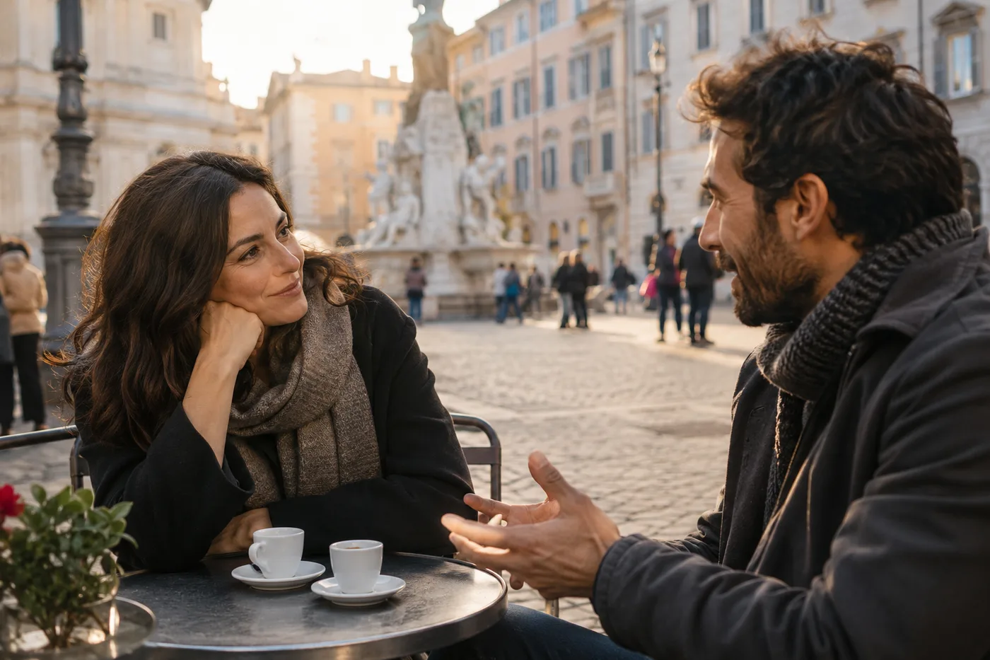 Due adulti conversano seduti al tavolino di un bar in una piazza