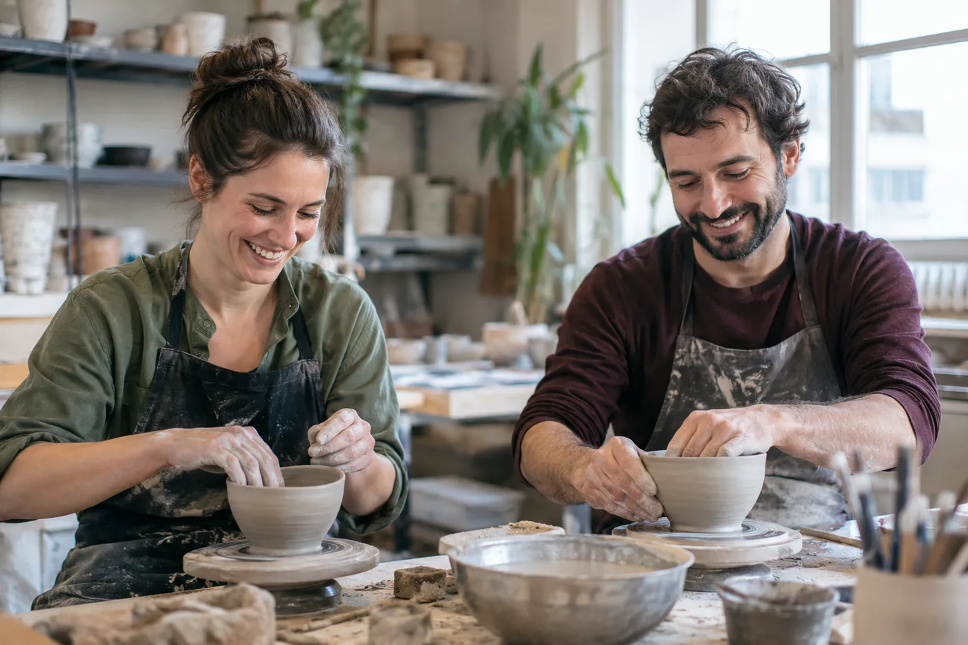Una donna e un uomo modellano ciotole in un laboratorio di ceramica